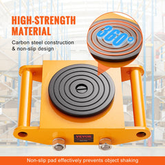 Heavy duty carbon steel machinery skate dolly with non-slip rotating pads and reinforced frame.