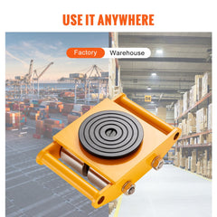 Orange heavy-duty carbon steel machinery skate dolly with black rotating wheel, shown in warehouse and factory settings.