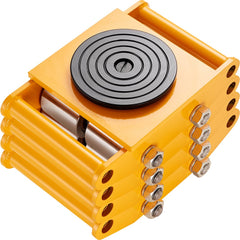 Set of four yellow heavy-duty carbon steel machinery skate dollies with black rotating pads and swivel casters.