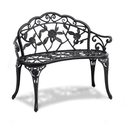 Metal outdoor garden bench with floral design, 38.8 inches, and 480 lbs capacity.