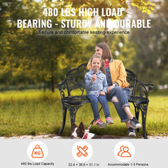 Metal outdoor garden bench with floral design, 38.8 inches, supports up to 480 lbs.