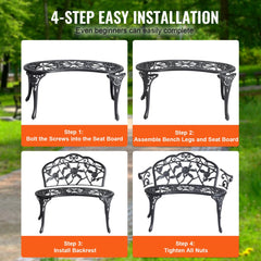 Metal outdoor garden bench with floral design, curved armrests, and 480 lbs capacity.