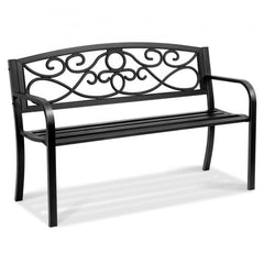 A black metal outdoor garden bench, 50 inches wide, with ornate floral backrest and armrests.