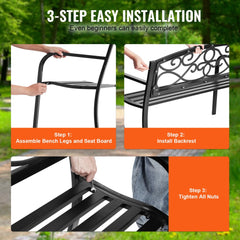 Infographic showing 3-step assembly of a 50-inch metal outdoor garden bench with backrest.