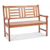Wooden outdoor garden bench with a backrest, armrests, and natural wood grain finish.