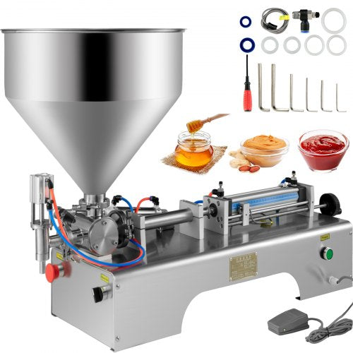 Stainless steel horizontal pneumatic paste filling machine with 30L hopper and accessories.