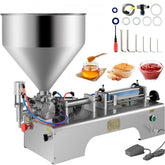 Stainless steel horizontal pneumatic paste filling machine with 30L hopper and accessories.
