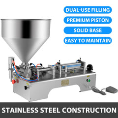 Horizontal pneumatic paste filling machine with stainless steel 30L hopper and 10-300ml capacity.