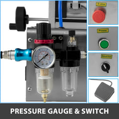 Horizontal pneumatic paste filling machine with pressure gauge, air regulator, switches, and foot pedal.