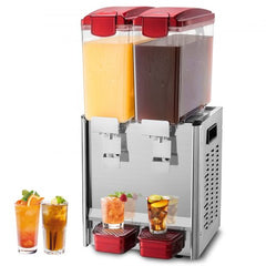 Dual-tank commercial beverage dispenser with 10L cold tanks for orange juice and iced tea, plus serving glasses.