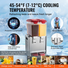 Dual-tank commercial beverage dispenser with 10L cold tanks, compressor cooling, and stirring motor.