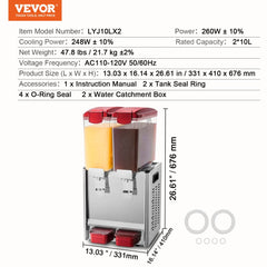 Dual-tank commercial beverage dispenser with 10L cold tanks in orange and brown, stainless steel base.