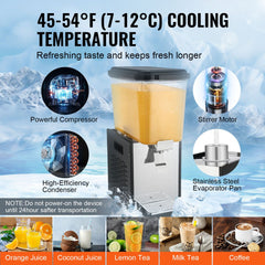 Stainless steel 18L cold beverage dispenser with clear tank, compressor, stirrer, and press tap.
