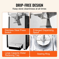 Stainless steel 18L commercial cold beverage dispenser with drip-free design, enlarged spout, press switch, and receiving tray.