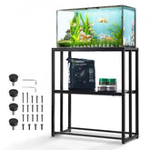 Black steel aquarium stand for a 20-gallon tank with double-tier design and open middle shelf.