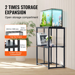 Black steel aquarium stand for a 20-gallon tank with a double-tier design and open middle shelf.