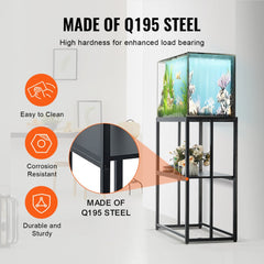 Black steel aquarium stand with double-tier design and open middle shelf for storage.