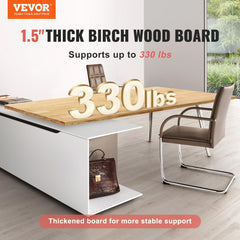 A 1.5-inch thick birch wood desktop supports up to 330 lbs on a white desk frame.