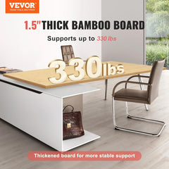 A 70.9x29.5-inch bamboo desktop with 1.5-inch thickness and 330 lbs capacity.