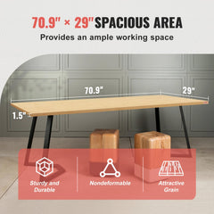 A 70.9 by 29.5 inch bamboo desktop on a sturdy metal frame with wooden stools.