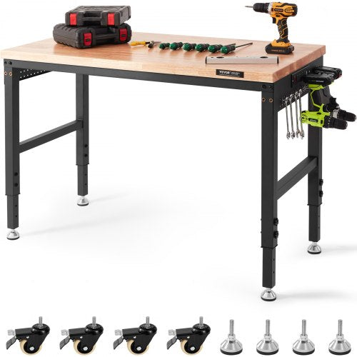 A 48-inch adjustable workbench with a hardwood top, power outlets, and wheels for mobility.
