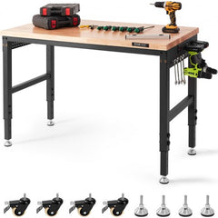 A 48-inch adjustable workbench with a hardwood top, power outlets, and wheels for mobility.