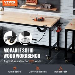 Adjustable workbench with hardwood top, power outlets, and wheels for easy mobility.