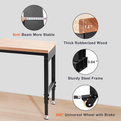 Adjustable 48-inch workbench with hardwood top, power outlets, and wheels for mobility.