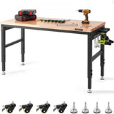 Heavy-duty workbench with a carbon steel frame and adjustable height from 28 to 39.5 inches.