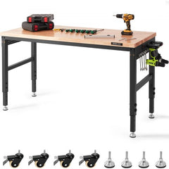 Heavy-duty workbench with a carbon steel frame and adjustable height from 28 to 39.5 inches.
