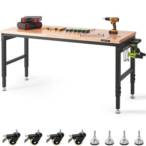Bostome 72" adjustable workbench with hardwood top, power outlets, and heavy-duty frame.