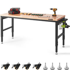 Adjustable workbench with hardwood top, power outlets, and heavy-duty carbon steel frame.
