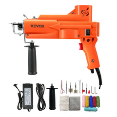 Orange Bostome electric carpet tufting machine with handle, power adapter, yarn, and tools kit.