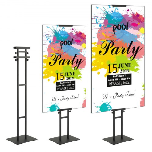 Black aluminum adjustable double-sided poster stand, 75 inches tall, with stable sponge base.