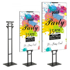 Black aluminum adjustable double-sided poster stand, 75 inches tall, with stable sponge base.