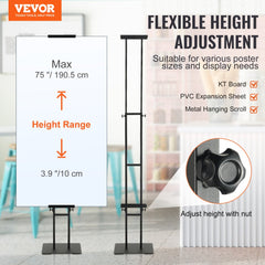Black aluminum adjustable double-sided poster stand, 75 inches tall, with dual support rods.