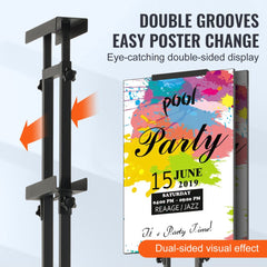 Black aluminum adjustable double-sided poster stand with a height of 75 inches.