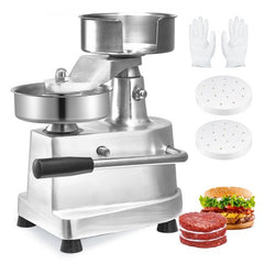 Stainless steel burger patty maker with a 5-inch press and lever design for uniform patties.