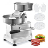 Stainless steel burger patty maker with lever design for uniform 6" patties and easy cleaning.