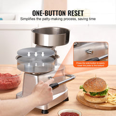 Stainless steel burger patty maker with lever design for uniform 6" patties and adjustable thickness.