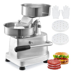 Stainless steel burger patty maker with lever design, producing uniform 6" patties efficiently.
