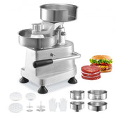 Stainless steel burger patty maker with interchangeable trays for 4, 5, and 6-inch patties.