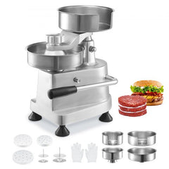 Stainless steel burger patty maker with interchangeable trays for 4, 5, and 6-inch patties.