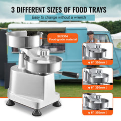 Stainless steel burger patty maker with interchangeable trays for 4", 5", and 6" patties.