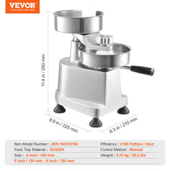 Stainless steel burger patty maker with interchangeable trays for 4, 5, and 6-inch patties.