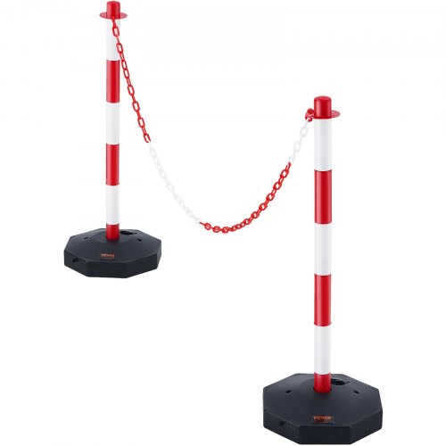 Two red and white adjustable traffic delineator posts with chain, on black bases.