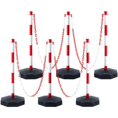 Red and white adjustable traffic delineator post cones with fillable bases and reflective strips.