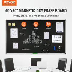 70x40 inch magnetic dry erase blackboard with aluminum frame, shown in office, home, and school settings.