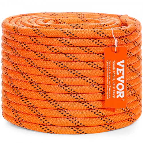 Orange and black 3/8" double braided polyester rope, 120 ft long, with 4000 lbs breaking strength.