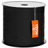 Black braided nylon climbing rope, 3/16" thick, 1000 ft long, with a 720 lbs breaking strength.